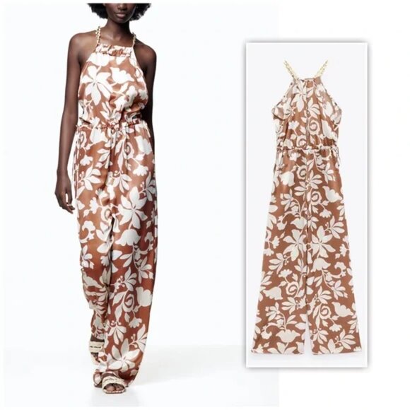 Zara NWT Brown White Floral Printed Jumpsuit Floral Satin With Neck Chains - Picture 3 of 11